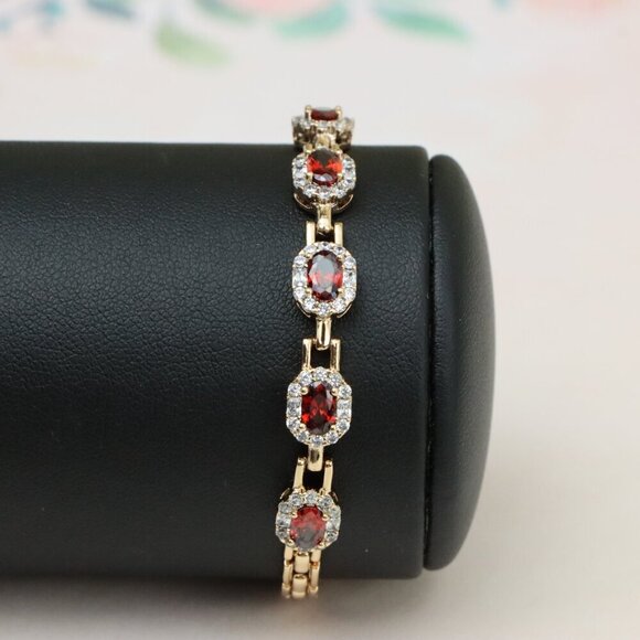 "Rose Gold Oval Red Stone Bracelet with Crystal Halo, XPBL0795 - Picture 11 of 12